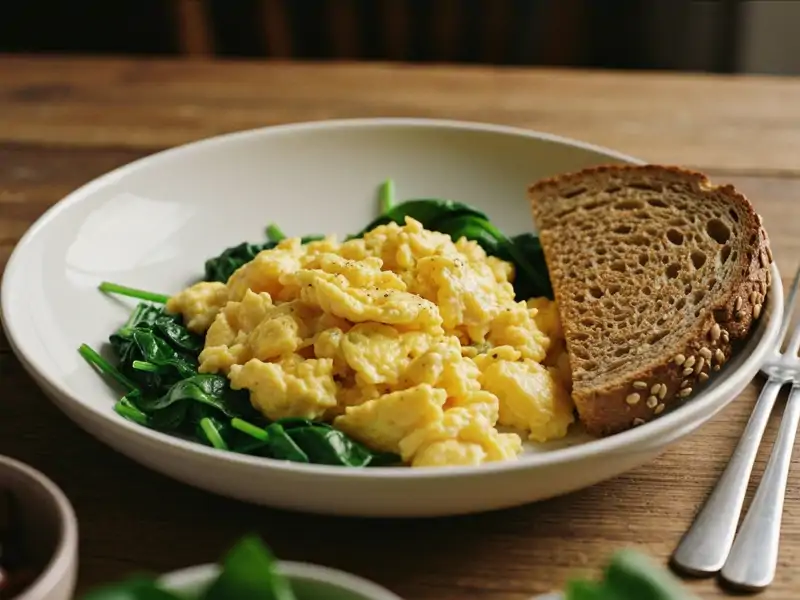 A bowl of scrambled eggs with spinach and a slice of whole-wheat toast