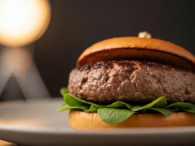 A single cheeseburger patty on a bed of lettuce, with tomato and onion slices