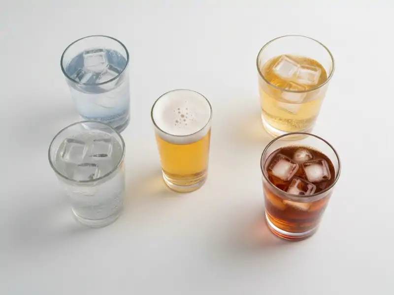 Assortment of low-calorie alcoholic drinks: vodka soda, light beer, sparkling wine