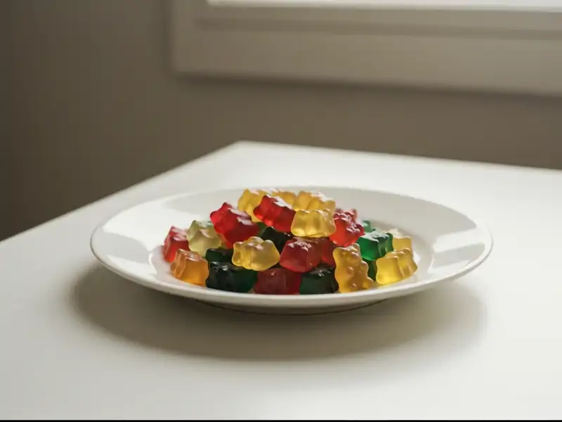 A small pile of colorful gummy bears on a white plate