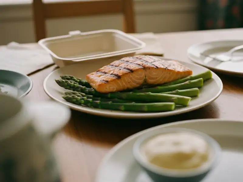 A half-eaten plate of grilled salmon with asparagus and a takeout box beside it