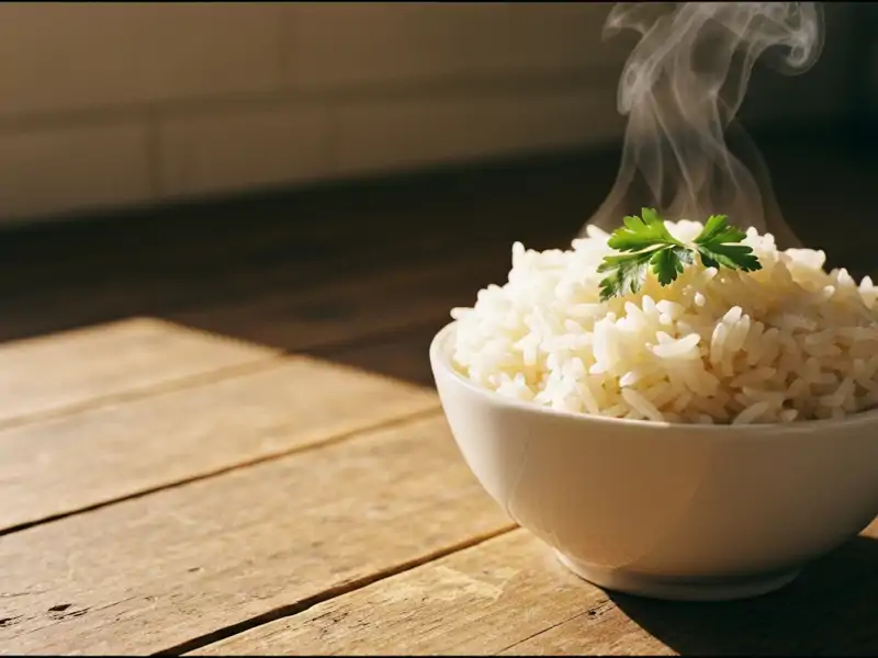 A small bowl of cooked whole grain basmati rice with a sprig of parsley