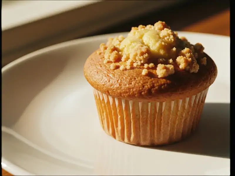 A single banana nut muffin on a white plate