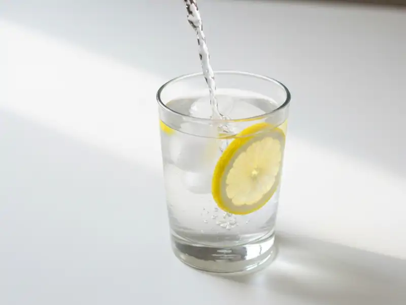 A clear glass of water with ice and a lemon slice