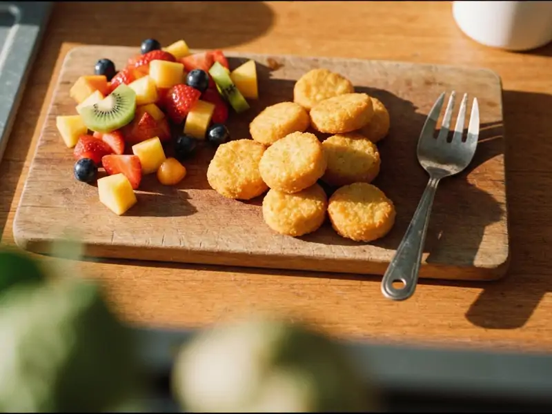 A serving of grilled chicken nuggets with a side of mixed fruit