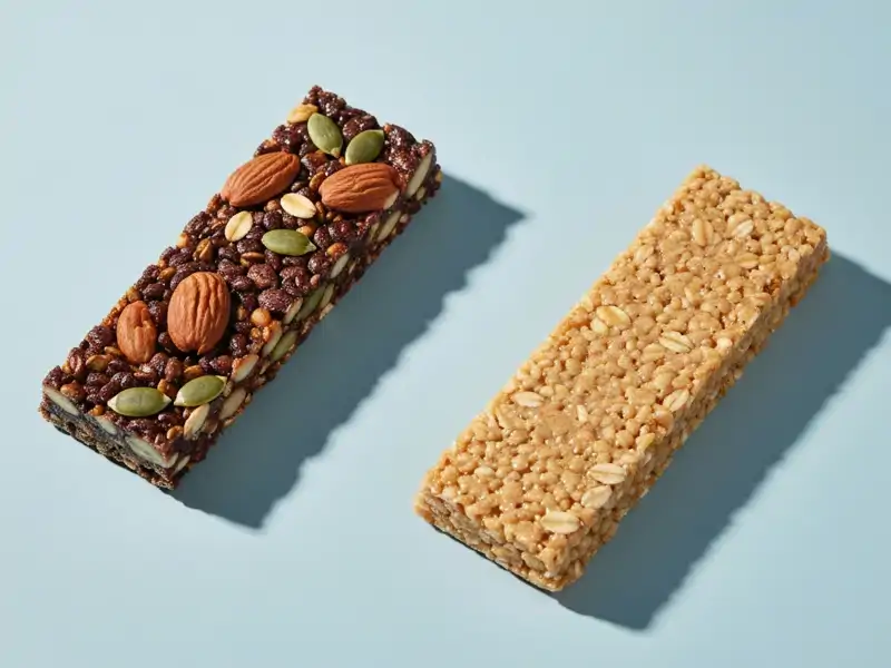 Two different types of granola bars, one with visible nuts and seeds, the other a denser, chocolate-covered bar