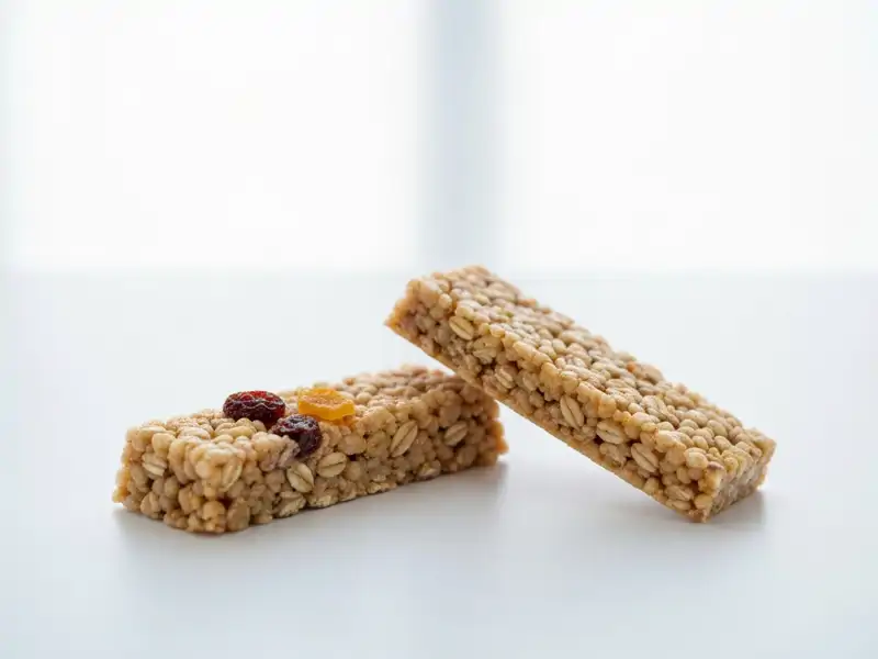 A hand holding up a granola bar, clearly showing the nutrition label with fiber and calorie counts highlighted