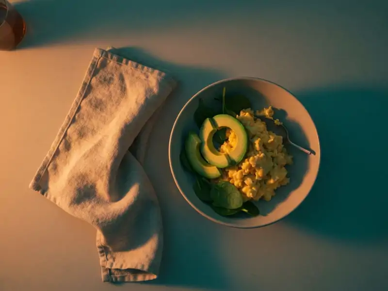 A small bowl of scrambled eggs with avocado slices and a few spinach leaves
