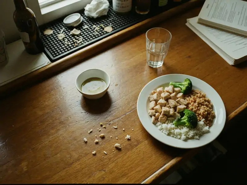 A chicken and rice bowl with broccoli