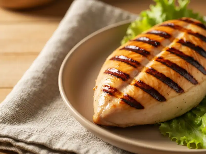 A single grilled chicken breast on a plate with some lettuce