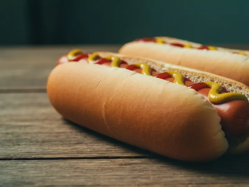 Two hot dogs in buns with mustard and ketchup