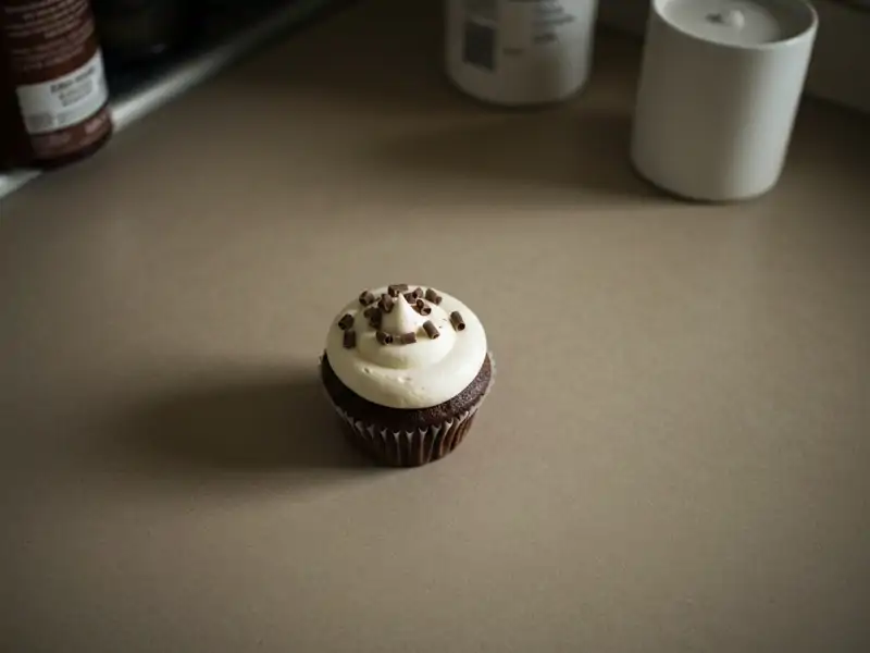 A single chocolate cupcake with white frosting and chocolate shavings