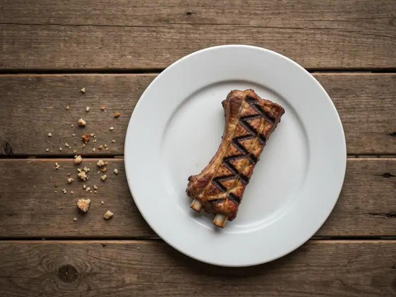 A single grilled pork rib on a white plate