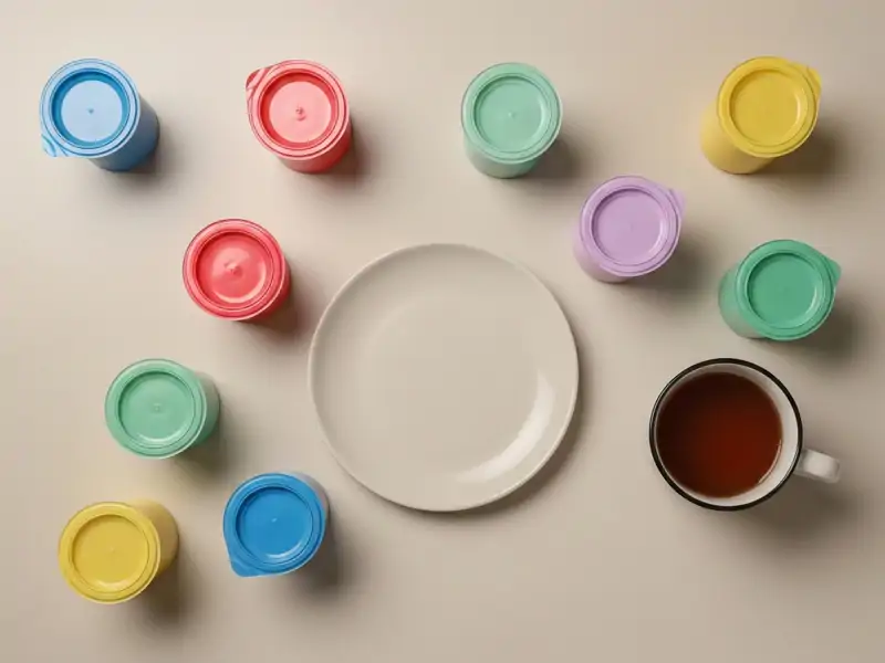 A variety of small plastic yogurt cups in different colors