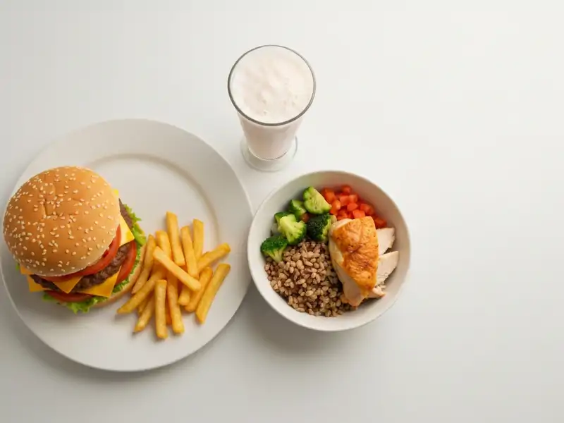 A side-by-side comparison of a massive, unhealthy fast food meal next to a smaller, healthier alternative from the same chain.