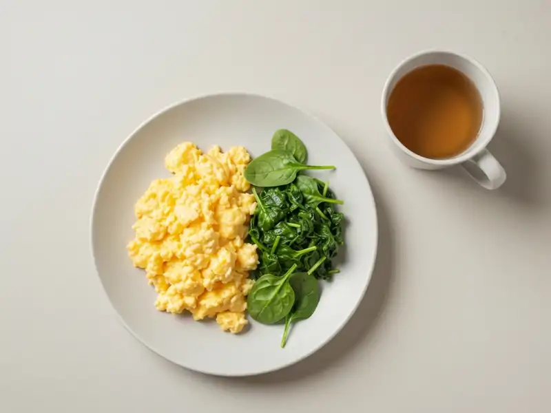 A plate of scrambled eggs with a side of spinach