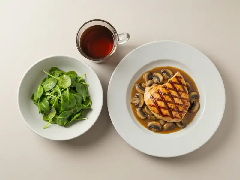 A single serving of grilled chicken marsala with mushrooms and a side of green beans on a white plate
