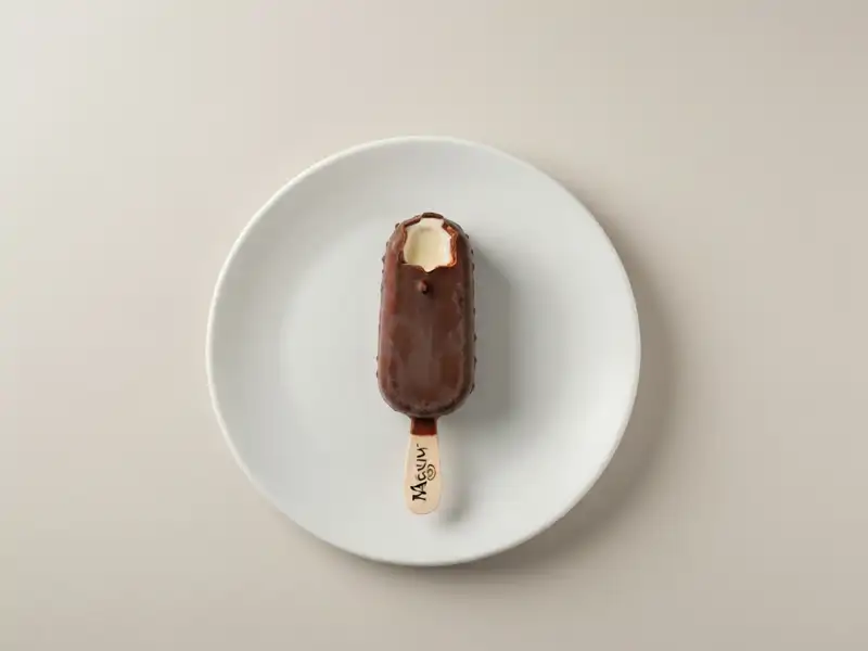 A single Magnum almond ice cream bar on a white plate