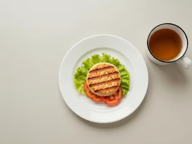 A single grilled chicken patty with lettuce and tomato on a white plate