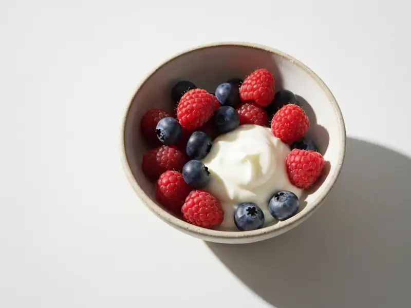 A small bowl of fresh raspberries and blueberries with a dollop of Greek yogurt