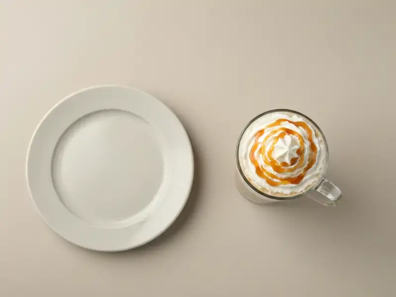 A tall coffee with whipped cream and caramel drizzle