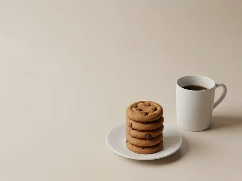 A stack of five chocolate chip cookies on a small white plate