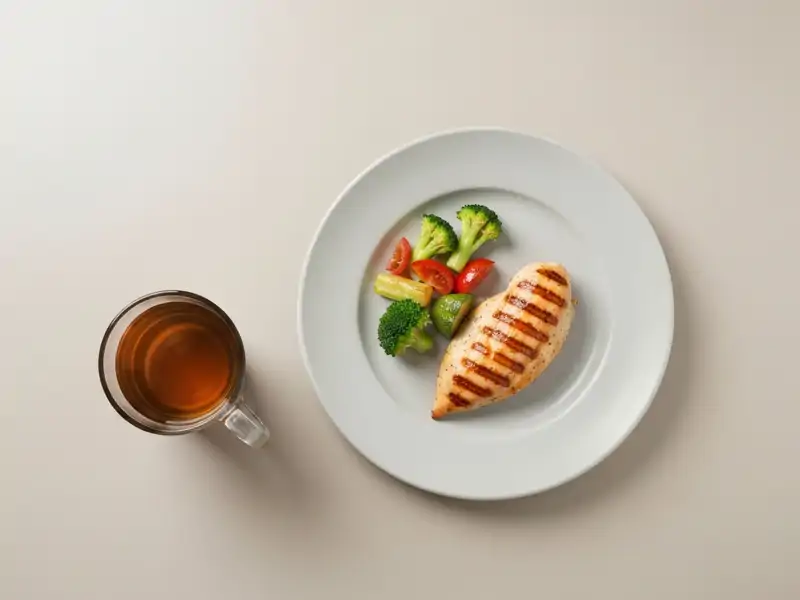 A single grilled chicken breast with a small side of roasted vegetables on a white plate