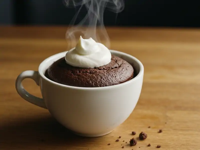 A chocolate mug cake in a white mug, topped with a dollop of whipped cream